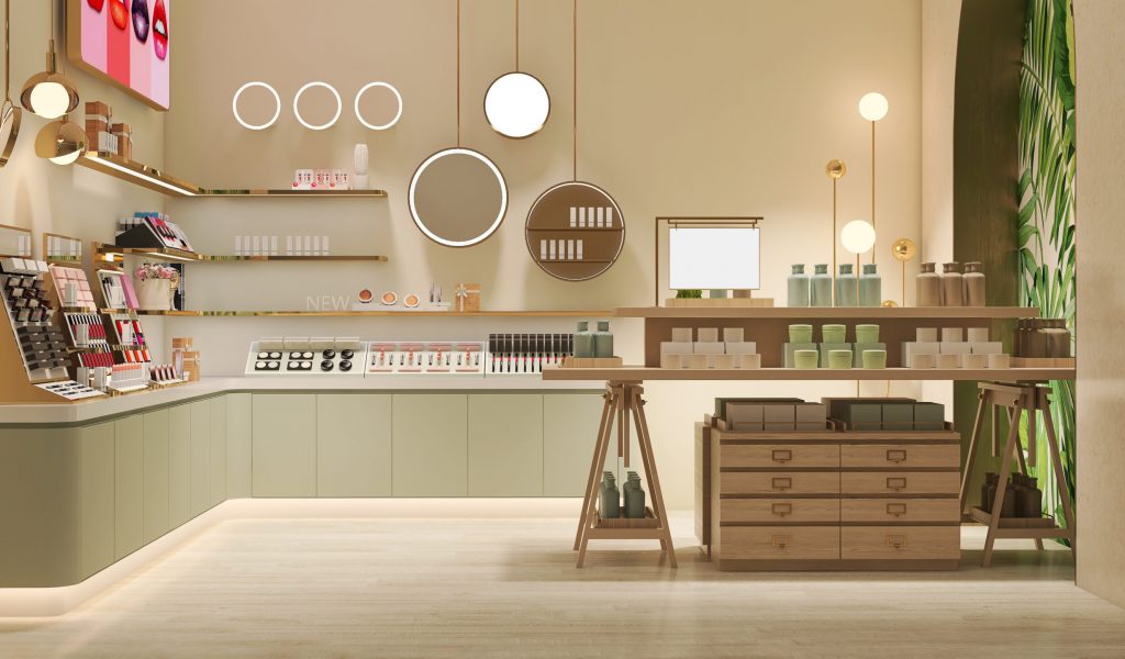 Elegant and luxury interior design of beauty cosmetic shop with wooden and gold shelf, pastel green cabinet and display in cream beige wall and decorative mirror and light