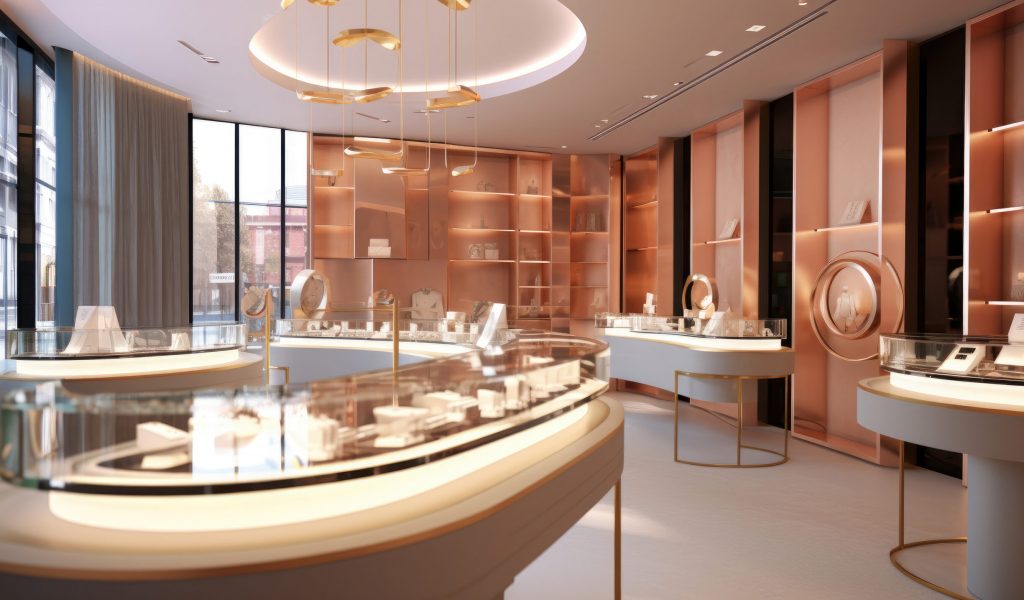 A modern jewelry store. Showcasing the interior of a contemporary jewelry store